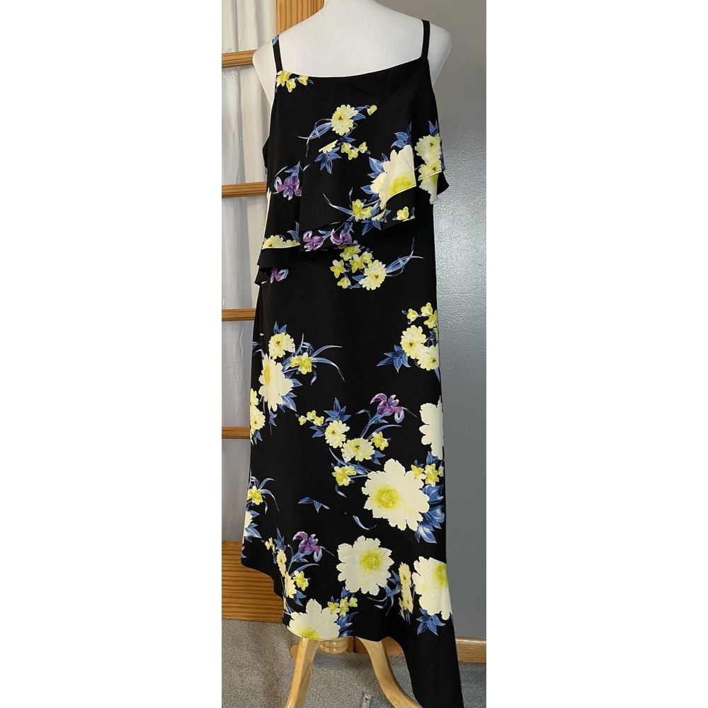 Roz Ali Layered Floral Dress 16 Black Yellow Slanted Hem Sleeveless Boho Party - Picture 3 of 13